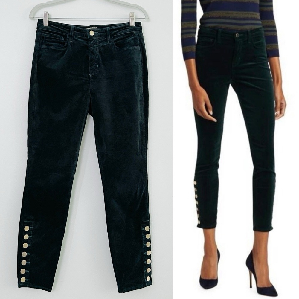 L'AGENCE Women's Size 27 Green Velvet Buttons High Rise Piper Skinny Jeans Pant